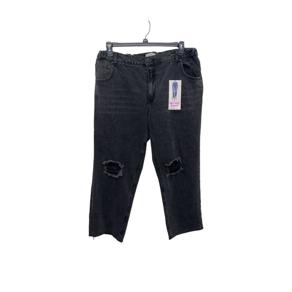NWT Vanilla Star Jeans Cinch Waist Straight Black Distressed Jeans 14W Plus